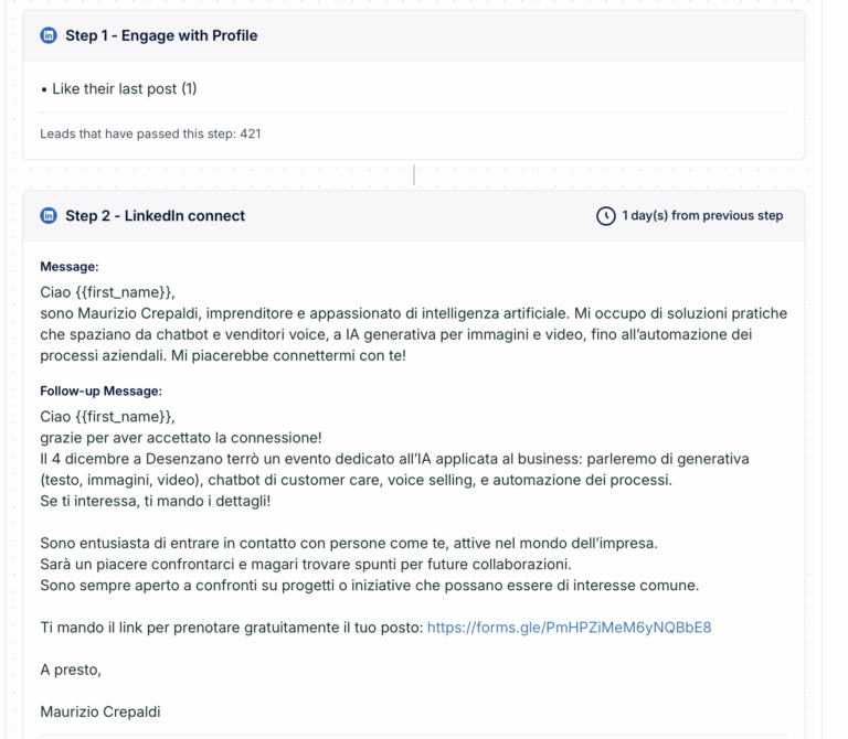 Solovera AI automazione LinkedIn lead generation Italia - workflow campagna connessioni e messaggi per intelligenza artificiale